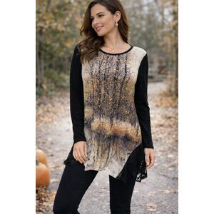 Fleur de Lis Abstract Art Tunic Sweater M Fall Colors Lace Hem Boho Top
